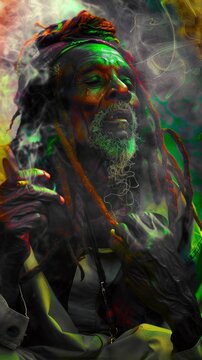 The vibrant hues cast a mystical aura over a rastafarian man with dreadlocks, his face a canvas of life's tales as he enjoys a peaceful moment.