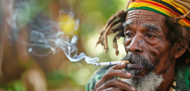 The serene gaze of a Rastafarian elder, his smoke curling into the air as he sits enveloped by the tranquility of nature.