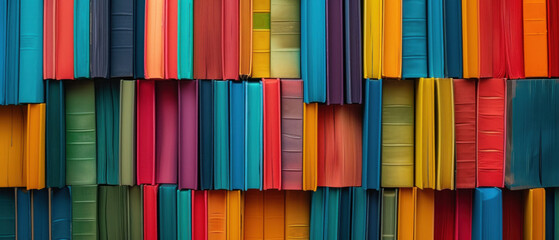 Colorful book spines lined up creating a vibrant and textured background suitable for educational or literary themes. - obrazy, fototapety, plakaty