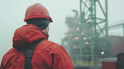 Worker in red hard hat and jacket overlooking industrial site on foggy day.