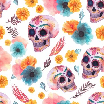 Ethereal Watercolor Sugar Skulls and Floral Design for Day of the Dead.