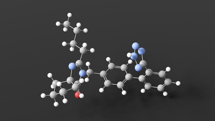 irbesartan molecular structure, angiotensin ii receptor antagonists, ball and stick 3d model, structural chemical formula with colored atoms