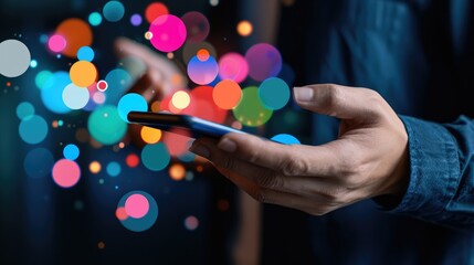 Person using smartphone with colorful abstract bokeh lights concept for digital connection, technology, and innovation.