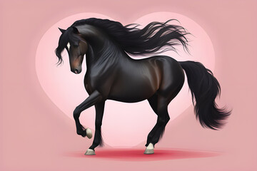 Fototapeta premium Black stallion with a long mane in a portrait on a pink background. Minimal illustration for Valentine's Day. Playground AI platform