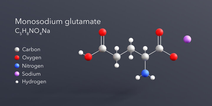 monosodium glutamate molecule 3d rendering, flat molecular structure with chemical formula and atoms color coding