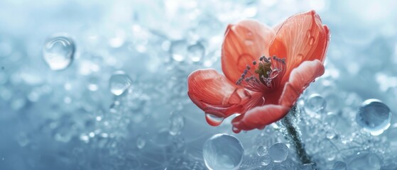 Vibrant red flower with dew drops on a serene blue background. - obrazy, fototapety, plakaty