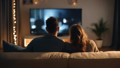 Back view of adult couple watching TV at home while sitting on sofa, night time, soft warm lights
