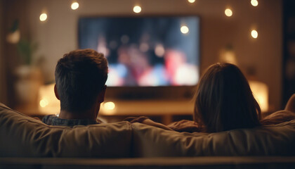 Back view of adult couple watching TV at home while sitting on sofa, night time, soft warm lights
