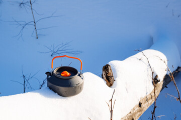 Compact equipment, metal kettle for boiling water on a hike, hiker's equipment, pot standing on the...
