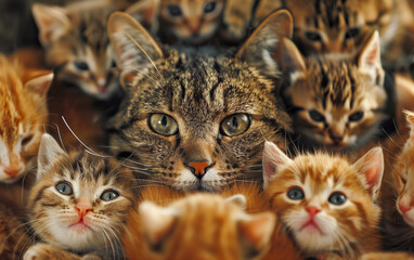 A mother cat surrounded by her kittens - 741691685