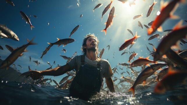 Portrait of a happy man with a lot of fishes in his hands and behind him