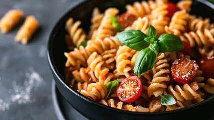 Close-up photo of pasta with cherry tomatoes in a wide black plate