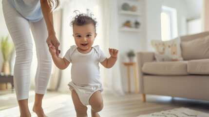 joyful baby is taking steps towards the camera while holding an adult's hand, likely taking some of their first steps in a cozy home environment.