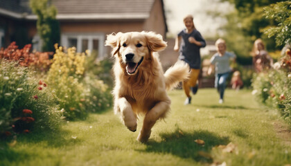 Happy golden retriever running in the garden of the house and children chasing her

