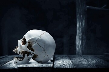 Human Skull Wooden Table With Dark Background 3