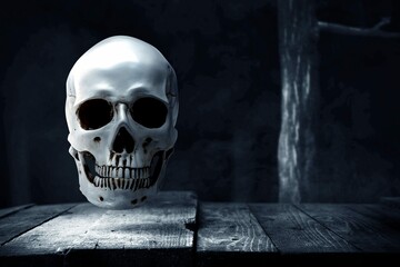 Human Skull Wooden Table With Dark Background