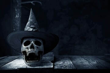 Human Skull Wooden Table With Hat Dark Background