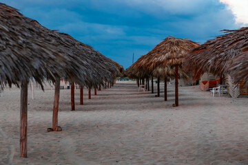 Symmetrical row of thatched huts on a sandy beach under cloudy and blue sky in Varadero, Cuba
