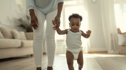 joyful baby is taking steps towards the camera while holding an adult's hand, likely taking some of their first steps in a cozy home environment.