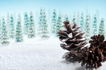 Pinecone Snow With Snowy Fir Trees Background Christmas Decoration