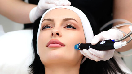 A professional dermatologist wearing medical gloves performs a hydropeeling procedure on a young woman in a professional beauty salon.