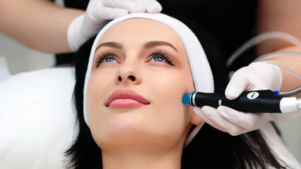A professional dermatologist wearing medical gloves performs a hydropeeling procedure on a young...