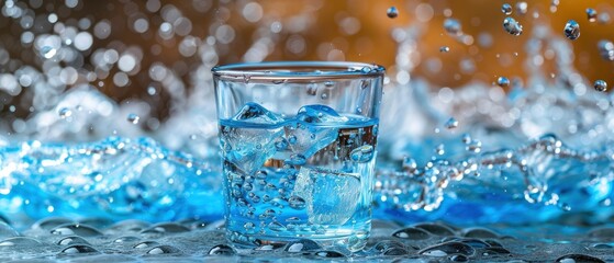Refreshing Background, Water Splash with Ice Cubes and Glass, Symbolizing Refreshment and Cool Drink Concepts.
