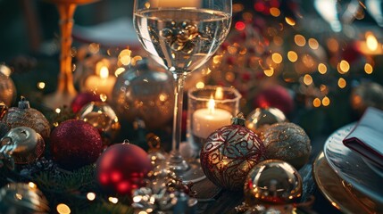 photograph of Festive table arrangement for Christmas or New Year's dinner, happy day
