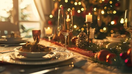 photograph of Festive table arrangement for Christmas or New Year's dinner, happy day