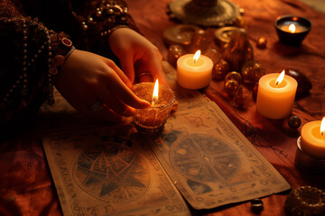 A fortune teller's hands holding a burning candle over an open tarot spread, Soft candlelight, wax drippings, and vintage tarot cards with aged edges - obrazy, fototapety, plakaty