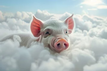 Fotobehang Picture of a funny little pig flying in white clouds © chutikan