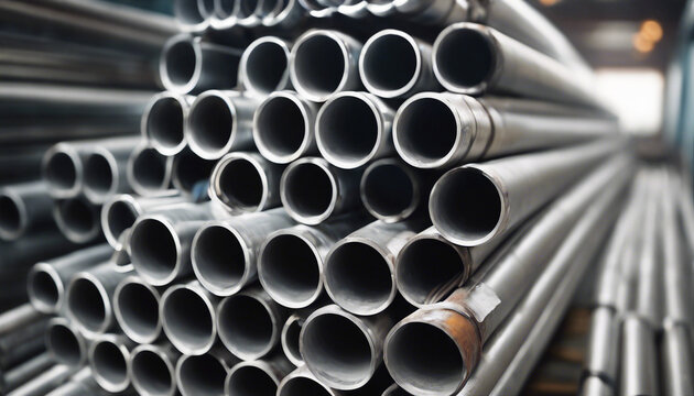 High quality steel pipe or aluminum in a stack waiting to be shipped in a warehouse, steel industry
