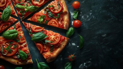 Photo of pizza made with tomato and basil ingredients. on a dark background With copy space for text