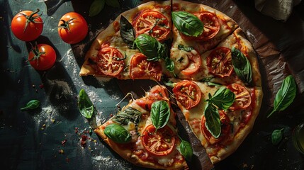 Fototapeta premium Photo of pizza made with tomato and basil ingredients. on a dark background With copy space for text