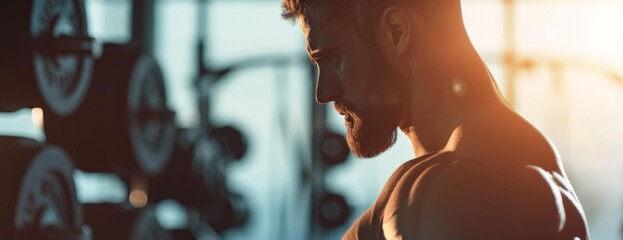 Close up side view of serious man face concentrated in a gym working out with weights - obrazy, fototapety, plakaty