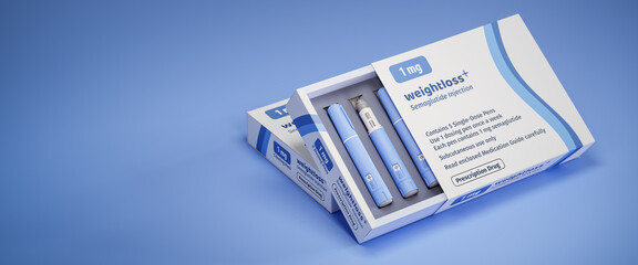 Two packages of 5 dosing pens of a fictitious Semaglutide drug used for weight loss (antidiabetic...