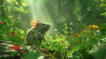A rats journey through a lush green world exploring renewable energy sources guided by cosmic rays