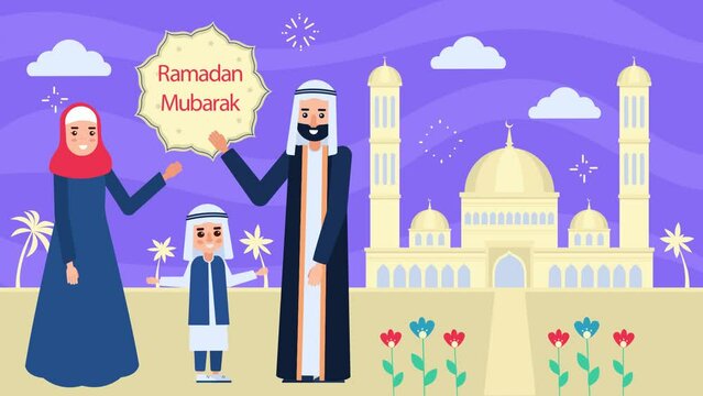Joyful Family Celebrating Ramadan Mubarak - Festive Islamic Greeting Design