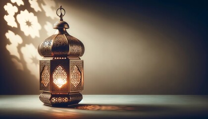 Elegant arabic lantern with intricate design casting shadows on neutral beige background with copy space