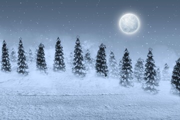 Fototapeta na wymiar Snowy Fir Trees With Snowfall Full Moon Night