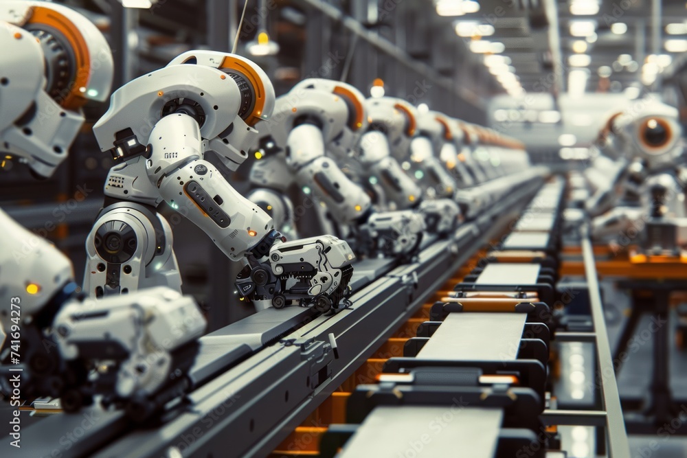Poster industrial robots working on an assembly line in a factory.