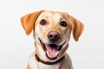 Golden retriever puppy dog smiling on white background.