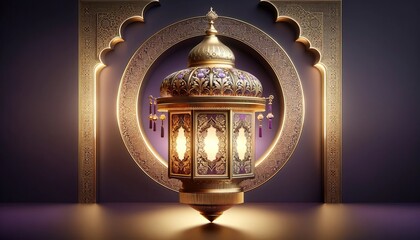Elegant Arabic Lantern with Purple Accents and Ornate Arch Background with copy space