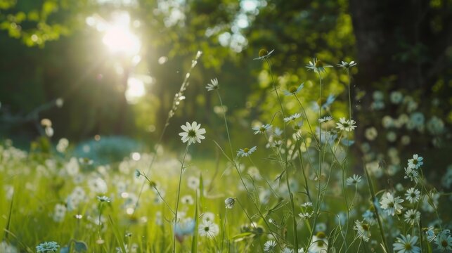 photograph of Wildflowers and green trees in the forest or park with wild grass and sunlight. Beautiful summer spring natural background