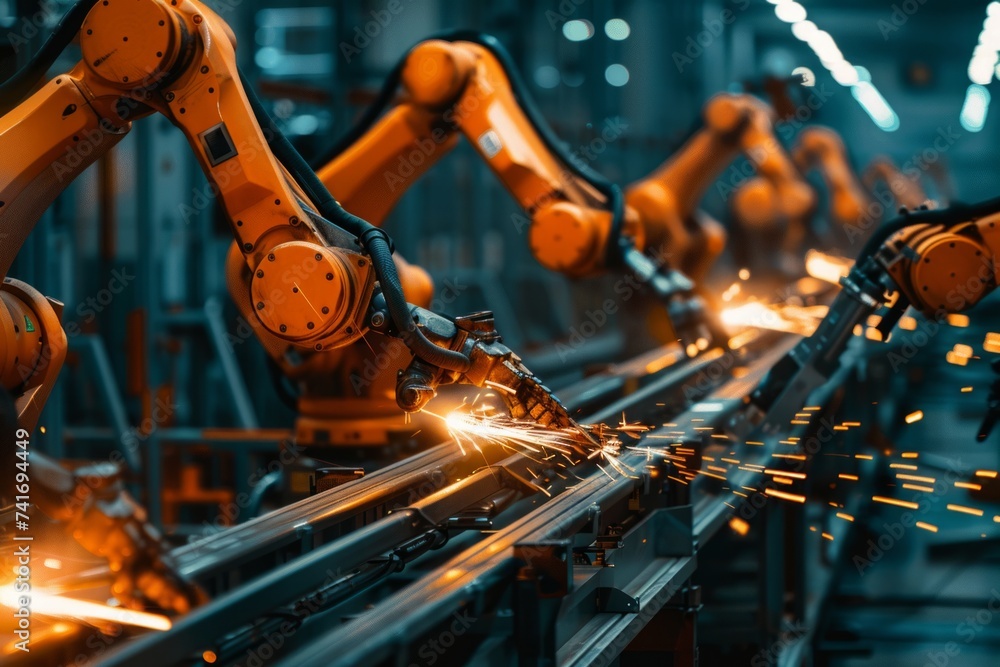 Poster industrial robots working on an assembly line in a factory.