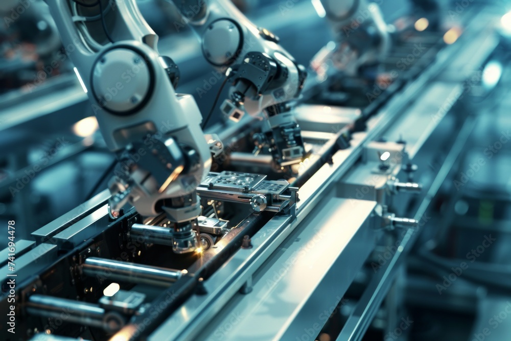 Poster industrial robots working on an assembly line in a factory.