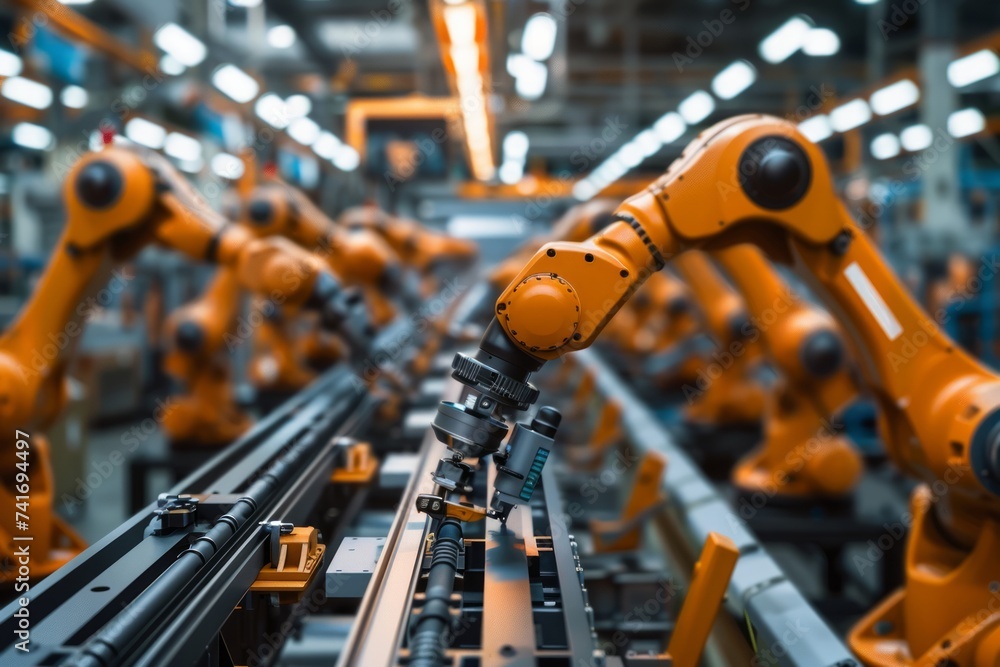 Poster industrial robots working on an assembly line in a factory.