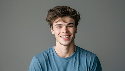 Close up portrait of young smiling handsome guy in blue t-shirt isolated on grey background - obrazy, fototapety, plakaty