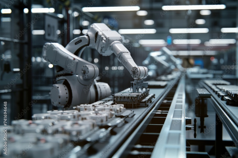 Poster industrial robots working on an assembly line in a factory.