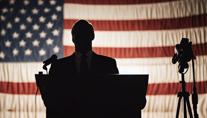 Silhouette of the American senator giving a press conference at the podium, with white spotlights 
